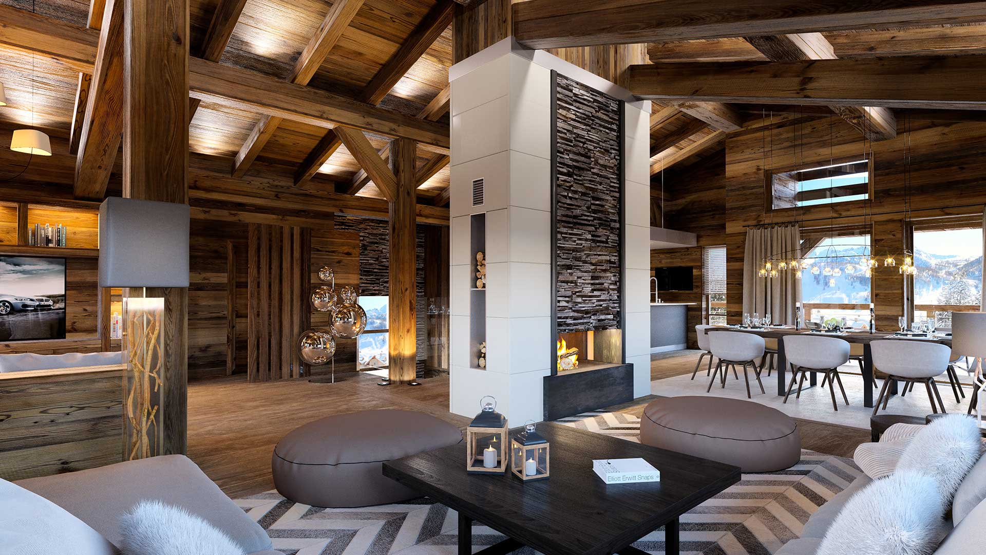 Creation of a 3D computer generated image of a luxurious chalet in Courchevel for real estate promotion.