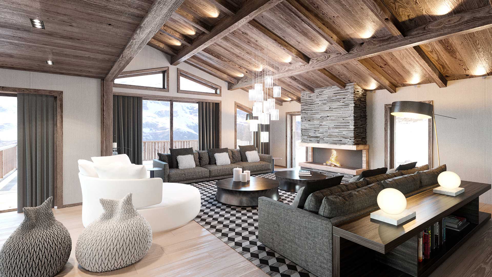 3D Living room of a luxurious chalet created by the 3D studio Valentin Studio.