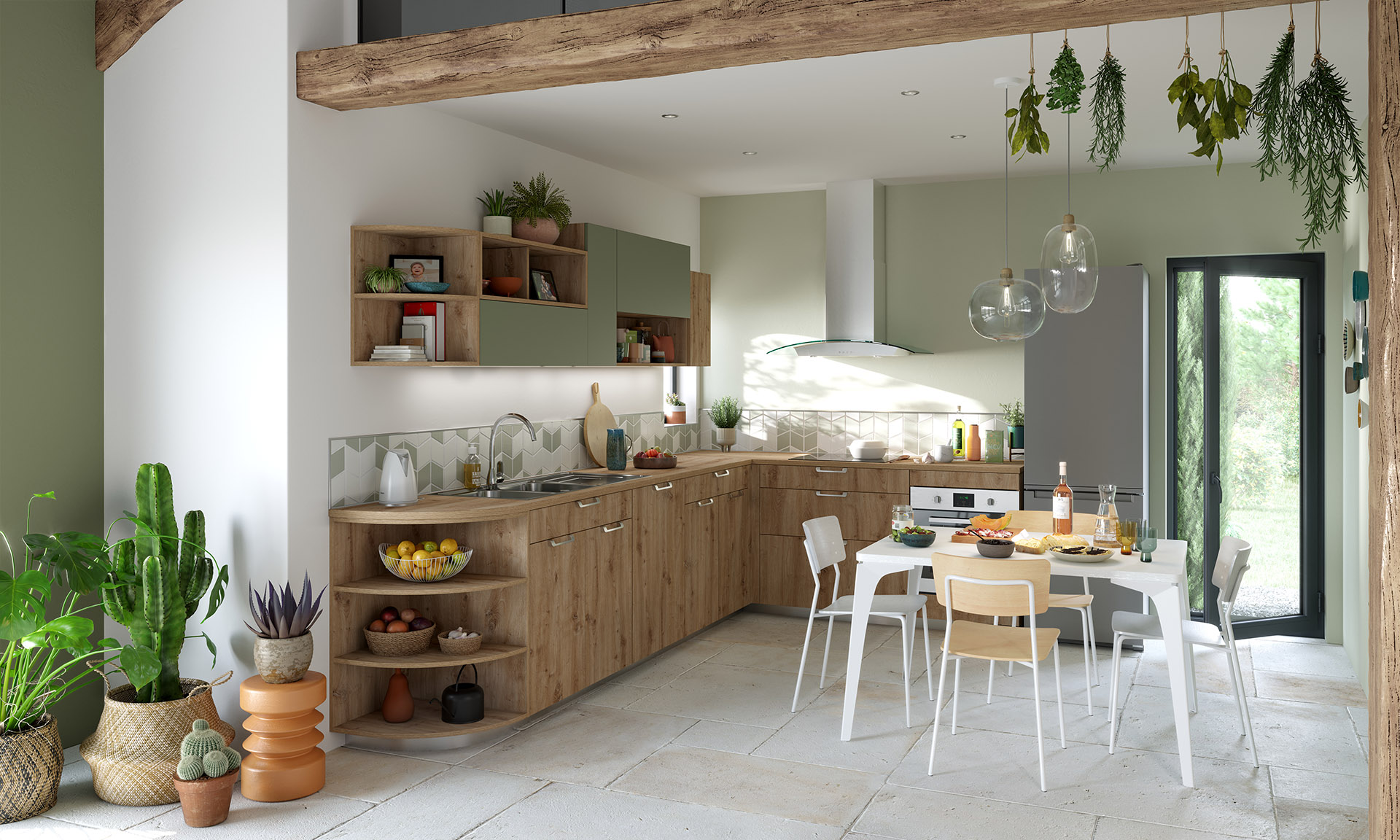 3D perspective of a modern green and wood kitchen 