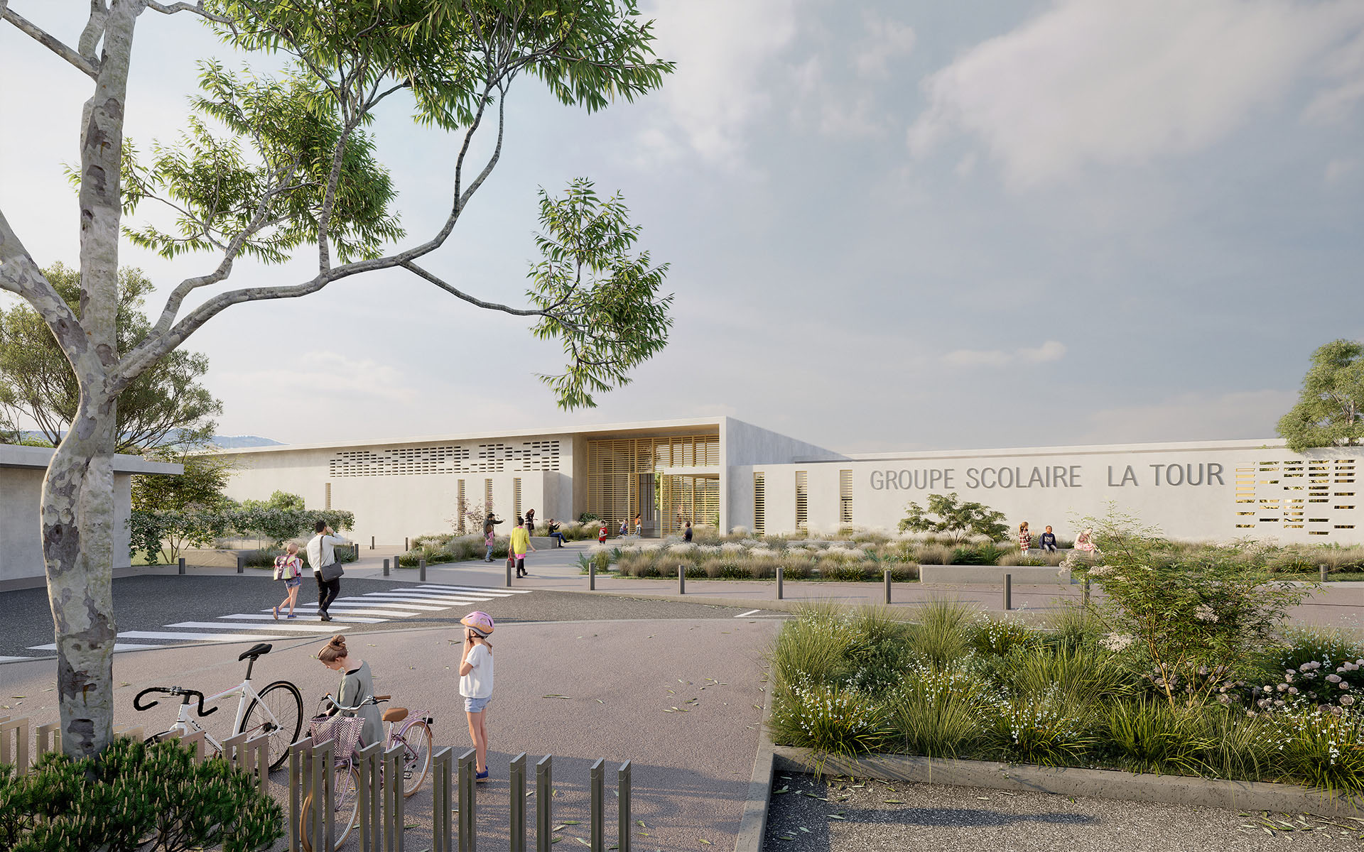3D rendering of a school and its pedestrian street 