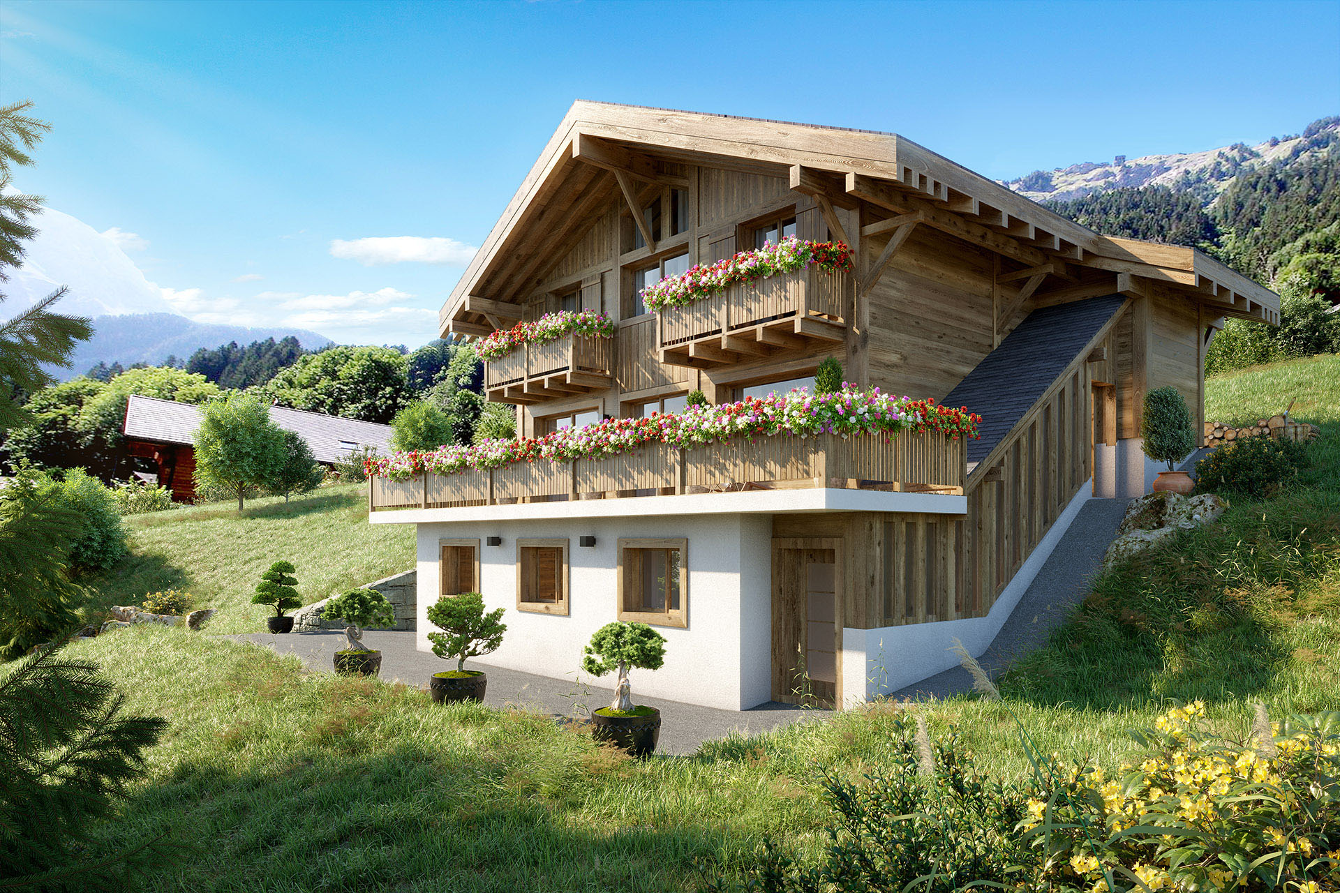 3D visualization of the exterior of a mountain chalet in summer 