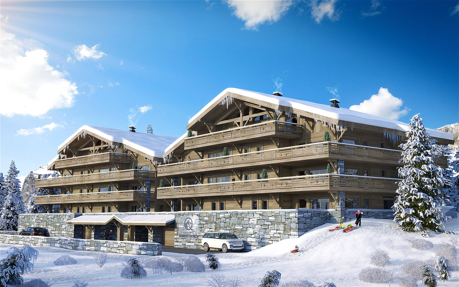 3D computer graphics of luxury collective chalets in the mountains