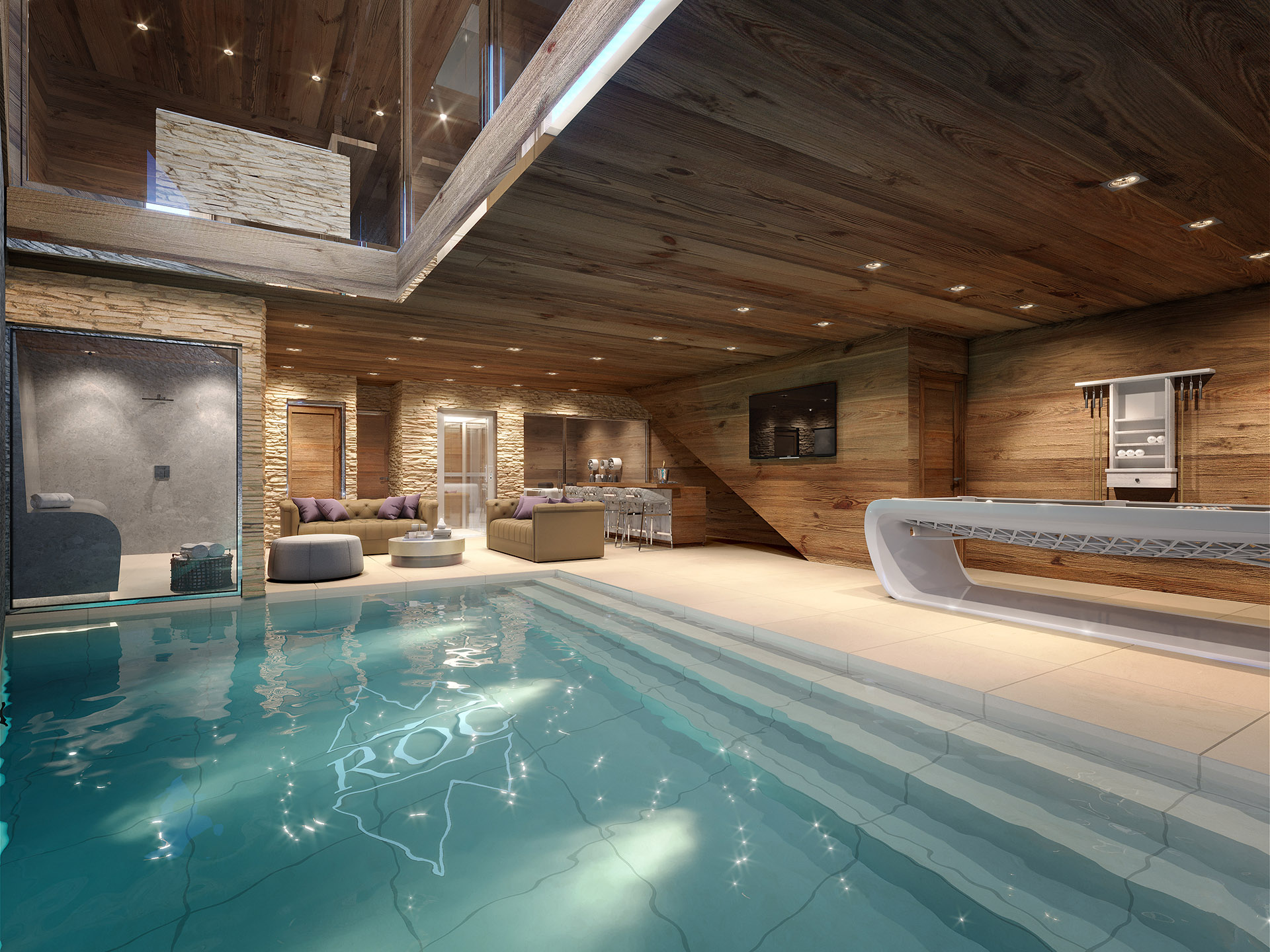 Photorealistic 3D representation of an indoor pool in a luxury chalet