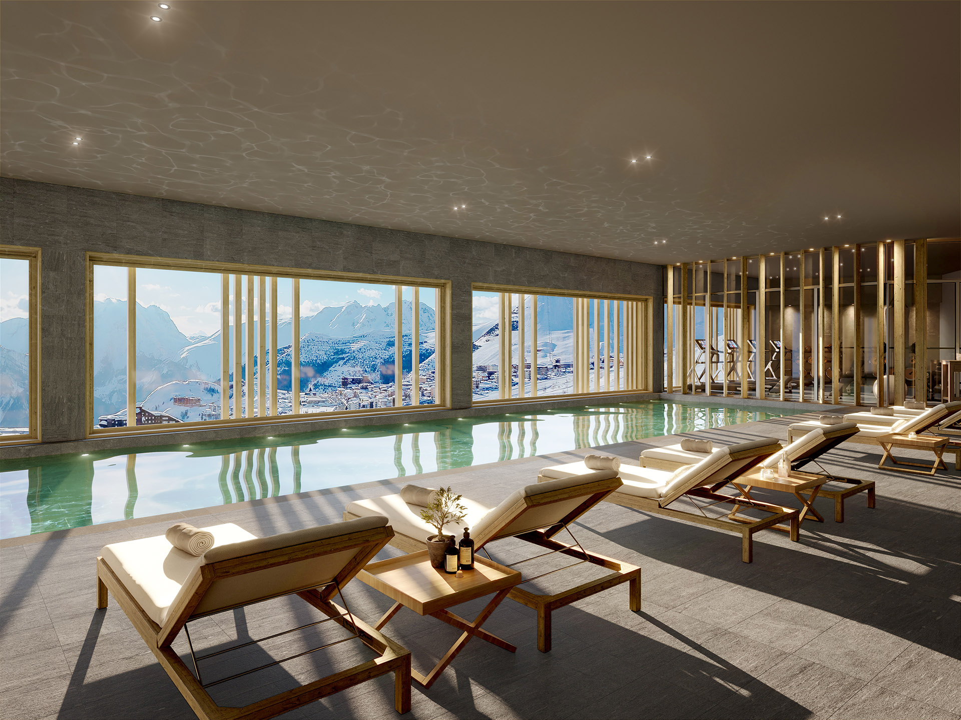 3D image of an indoor pool in a chalet with a mountain view