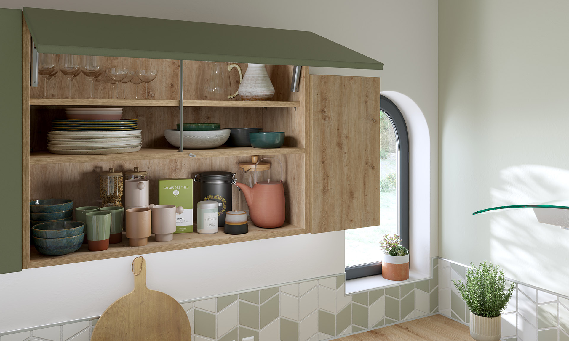 3D image of a cupboard and its dishes in a green and wood kitchen