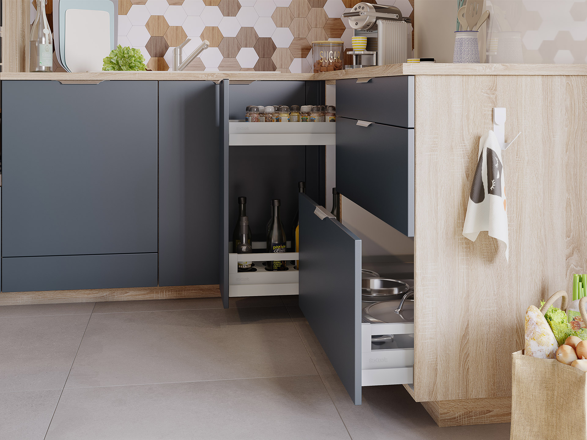 3D graphics of the open storage of a functional kitchen 