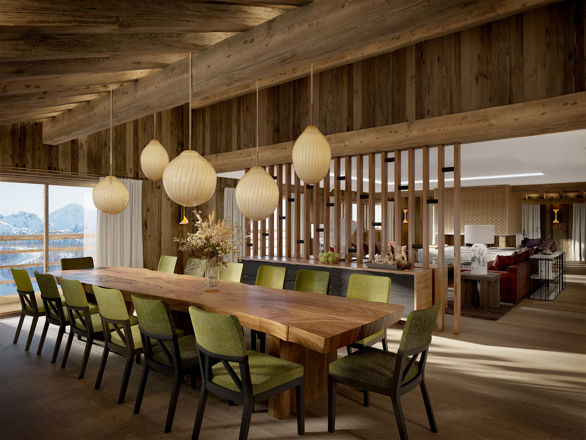 3D rendering of a modern dining room in a chalet 