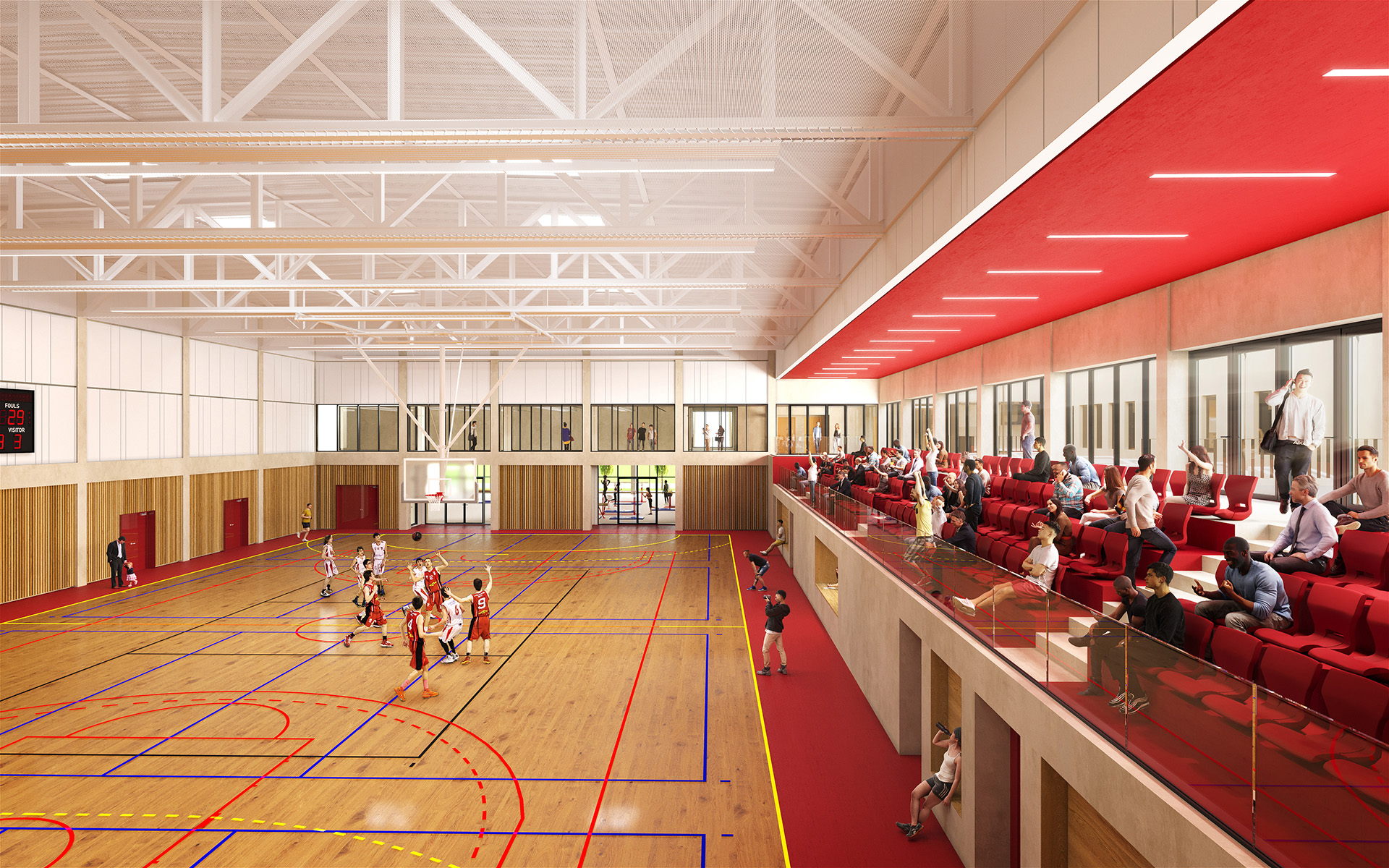 3D image of a gymnasium in which a basketball game is taking place
