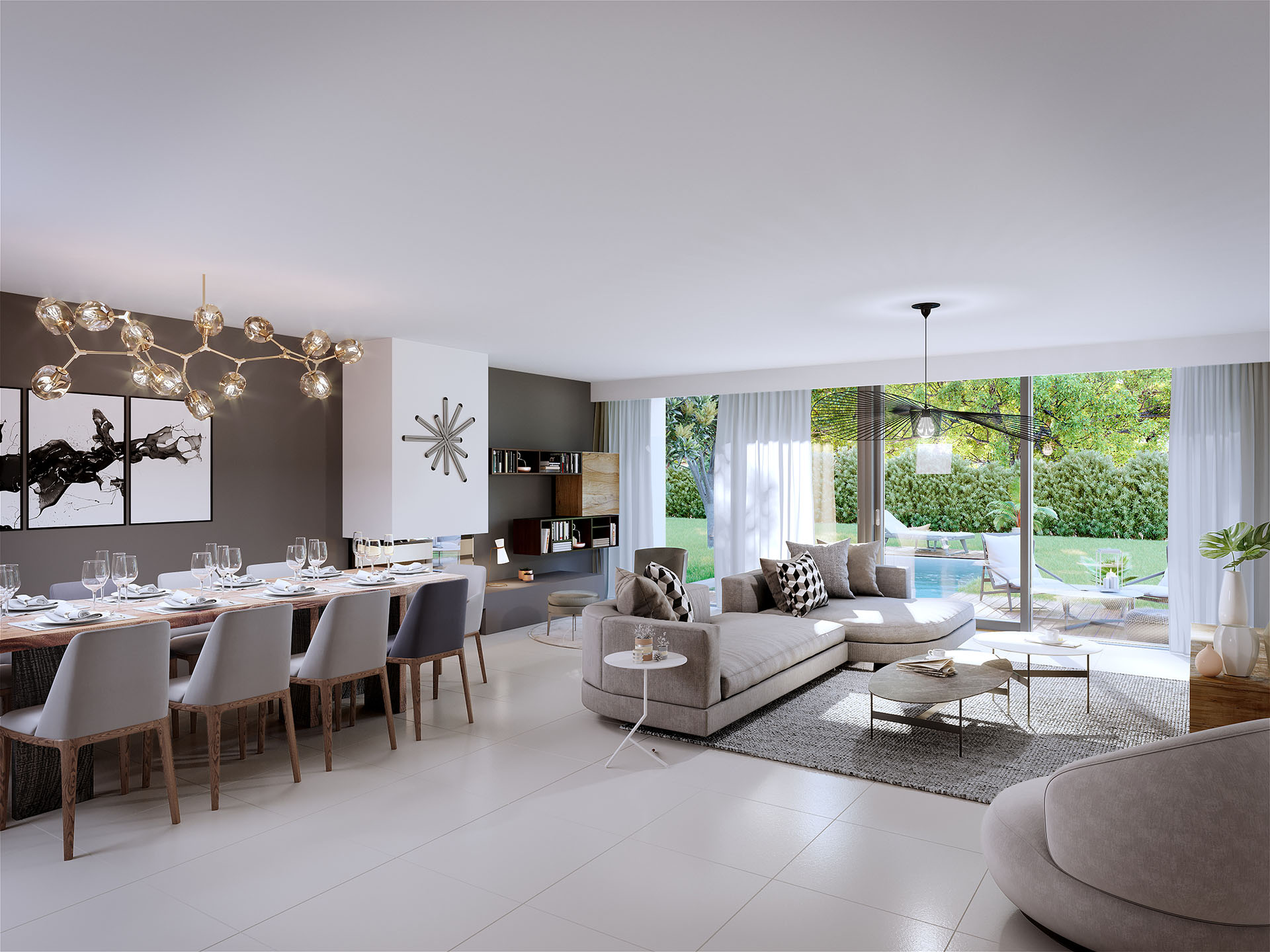 3D rendering of the living room of a modern villa with pool