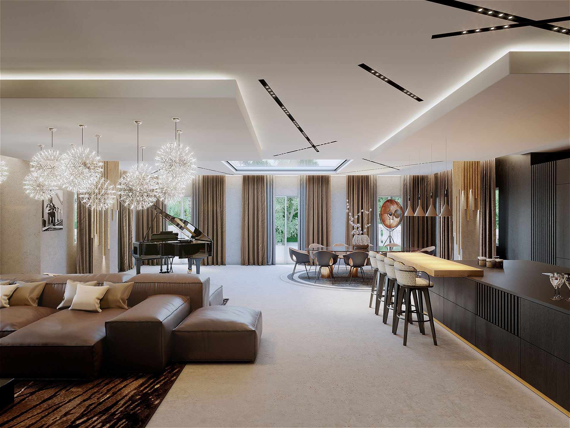 3D photorealistic image of the living room of a luxury villa