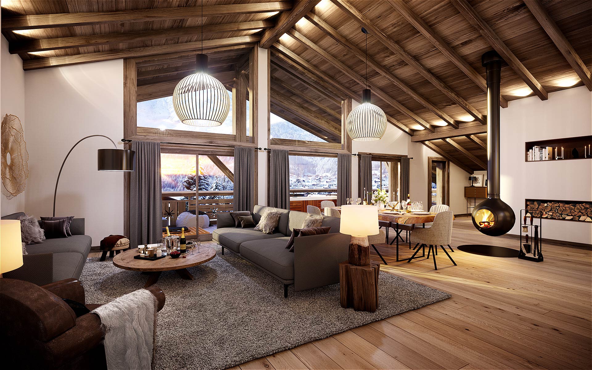 3D perspective of a luxury chalet interior