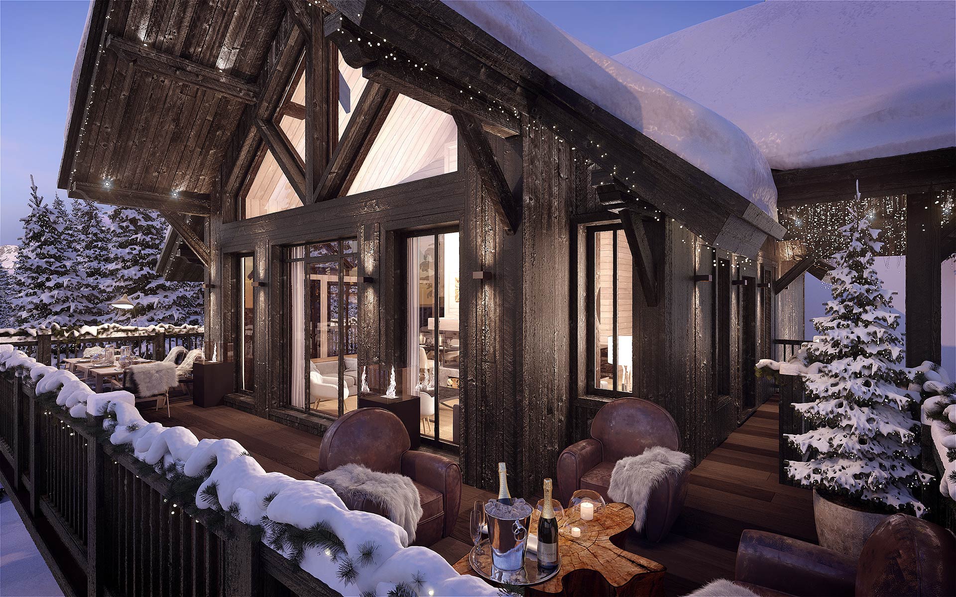 Digital 3D image of a luxurious chalet in a snowy mood