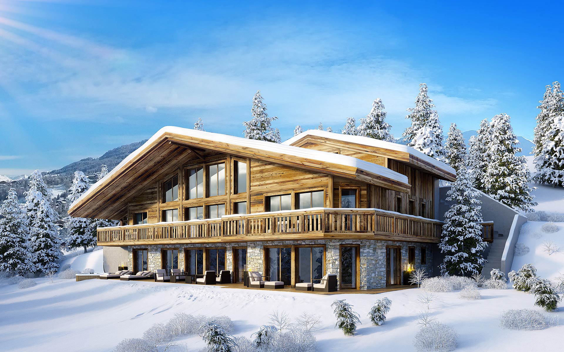 3D image of the exterior of a chalet in Courchevel