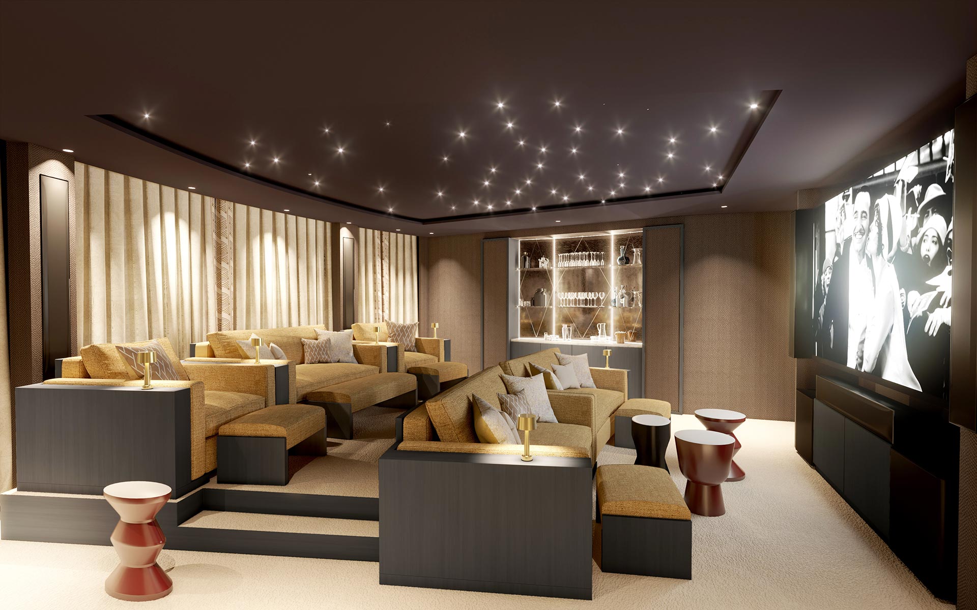 3D Perspective of a private luxury cinema in a villa