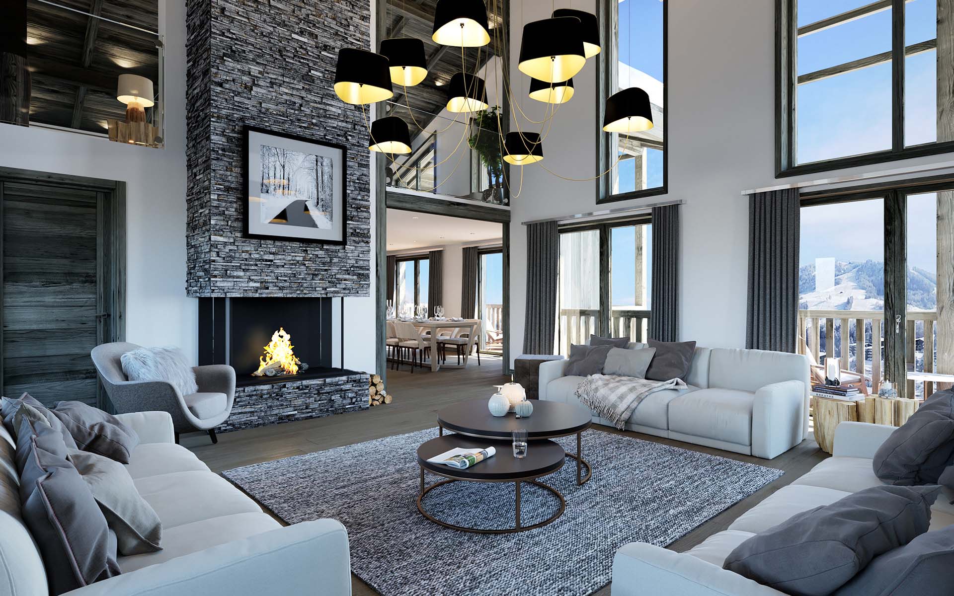3D perspective of an apartment in Courchevel produced by the 3D creative agency Valentin Studio.