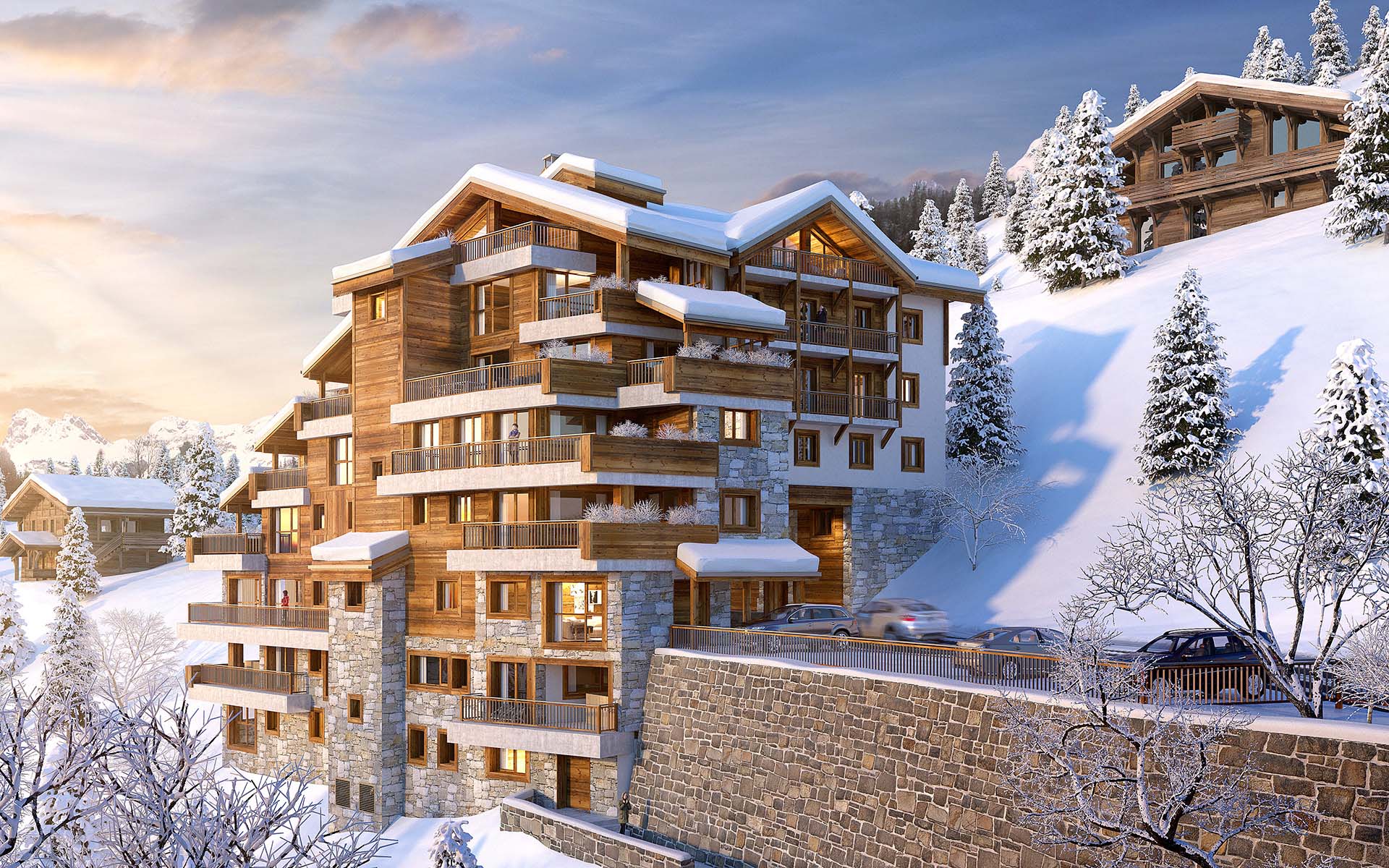 Real estate project of a luxurious chalet represented by a 3D perspective of the place.