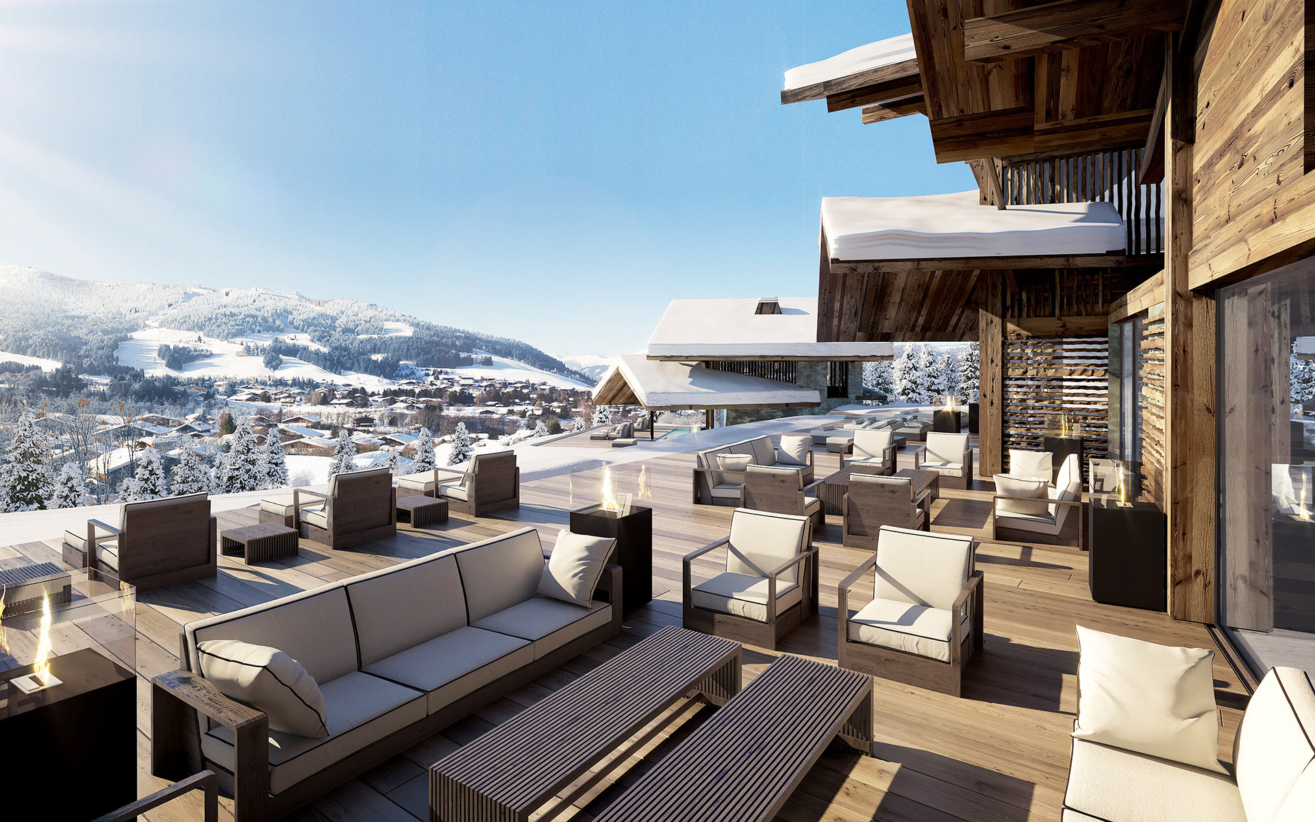 Render of a terrace in 3D for a luxury chalet project in Megeve