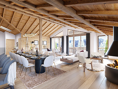 3D perspective of an apartment in a mountain chalet 