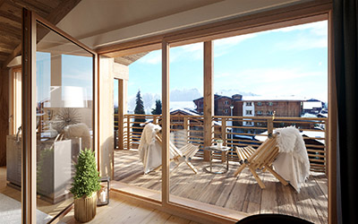 3D image of a balcony with deckchairs overlooking a mountain town