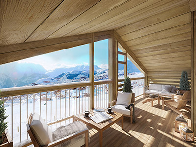 3D photorealistic rendering of a covered terrace with a panoramic view of the mountain and the valley