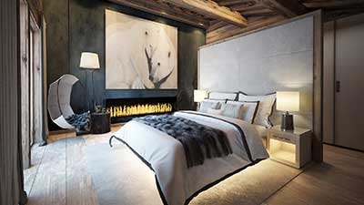 A 3D room of a luxurious chalet created by the 3D creative studio Valentin Studio.
