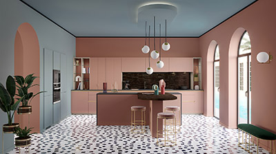 3D image of a modern pink and gray kitchen 