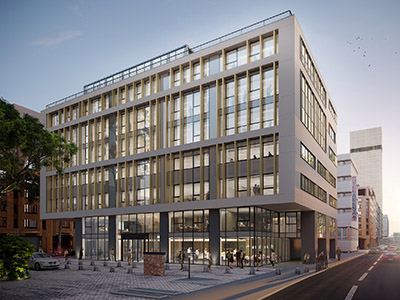 Image 3D d'un immeuble de bureaux intégré dans la ville