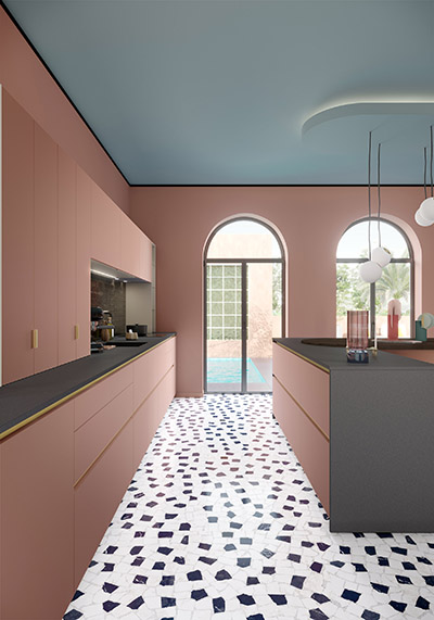 3D representation of a modern pink and gray kitchen