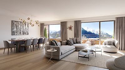 3D representation of a modern living room in the mountains