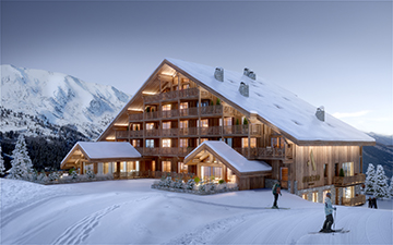 Perspective 3D d'un chalet hôtel à Megève dans un paysage enneigé
