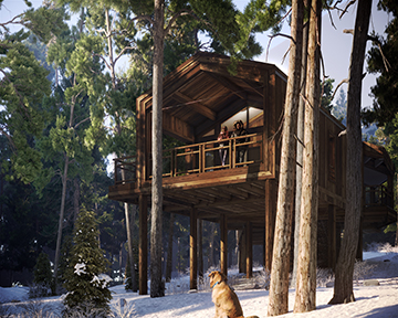 Perspective 3D représentant une cabanes dans un paysage de forêt enneigée