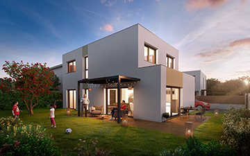 3D Architectural Rendering of a new house at sunset - Valentinstudio