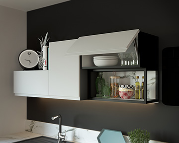 Image 3D d'un meuble de cuisine et étagères pour un projet publicitaire 