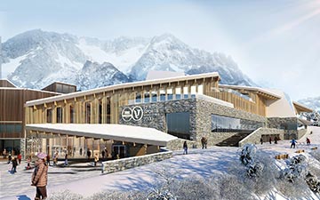 Visualisation 3D de l'extérieur d'un centre sportif en architecture bois dans les Alpes