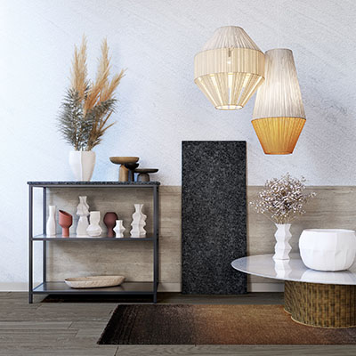 Rendu 3D des détails d'une cuisine : meuble de rangement, table et décorations