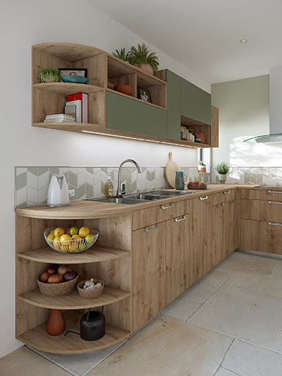 Image 3D d'une cuisine verte et en bois moderne avec rangements