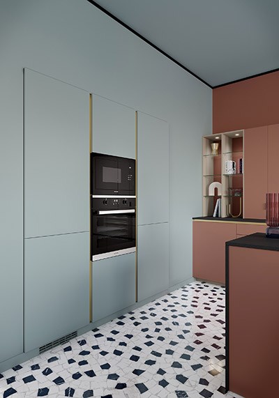 Visualisation architecturale 3D de l'intérieur d'une cuisine moderne avec ses rangements 