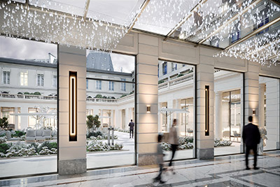 Infographie 3D d'une galerie luxueuse et sa cour intérieure à Paris