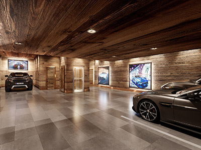 Rendu photoréaliste 3D d'un garage de luxe avec des voitures dans un chalet