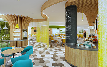 Photo of a 3D rendering of a restaurant made from computer generated images. 