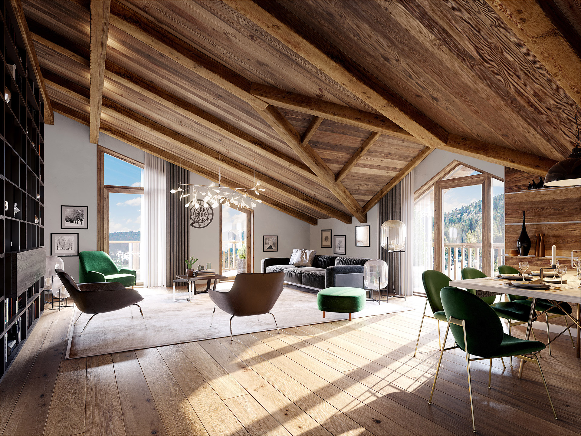 3D image of a living room and dining room in a luxurious chalet
