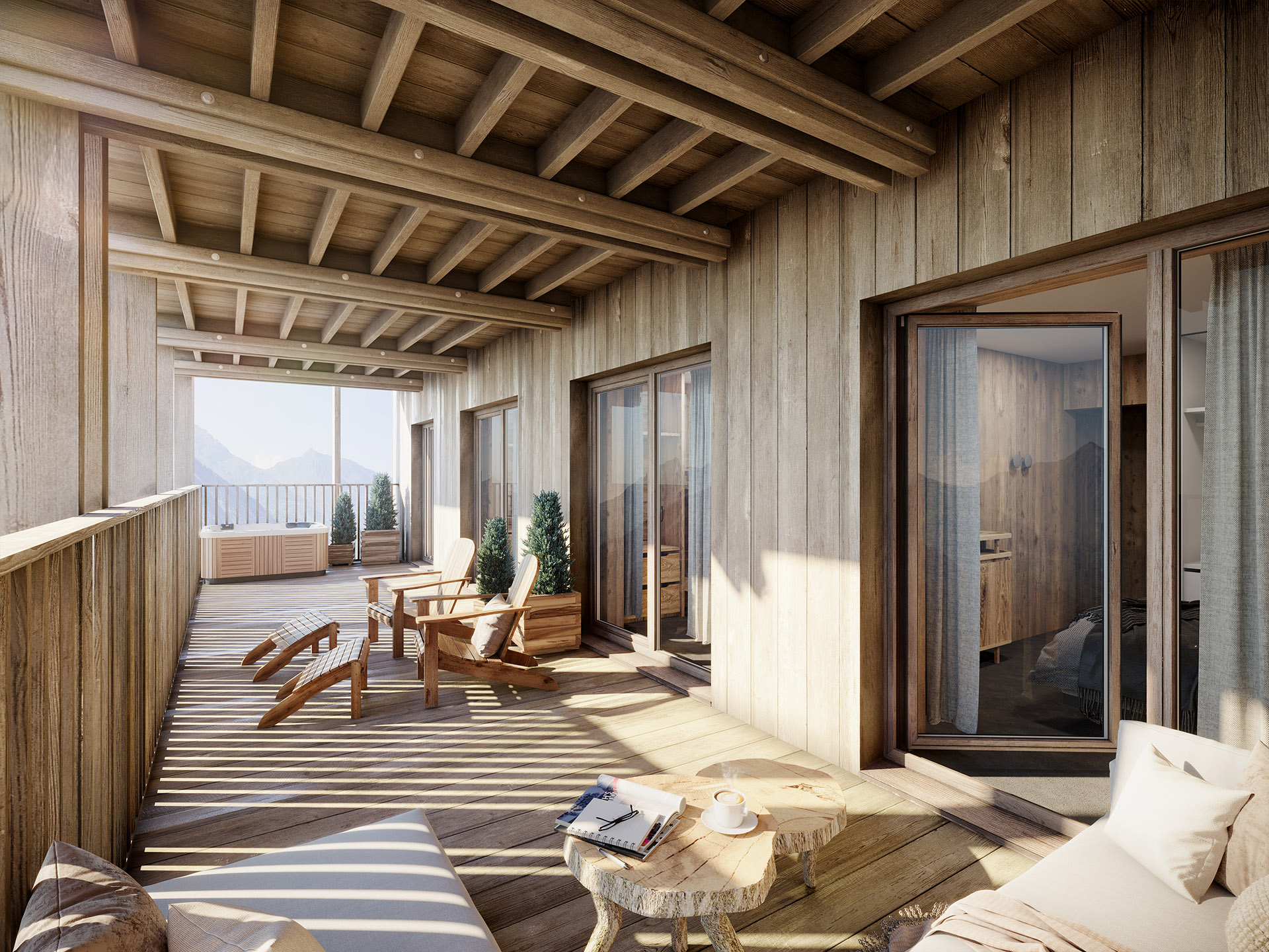 3D computer generated image of a chalet terrace 