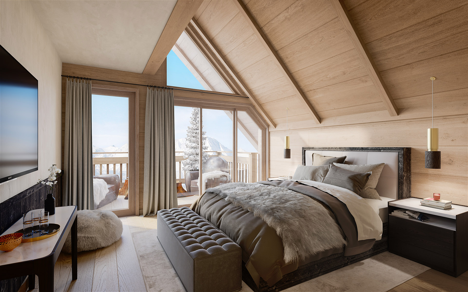 3D perspective of a modern room in a mountain chalet
