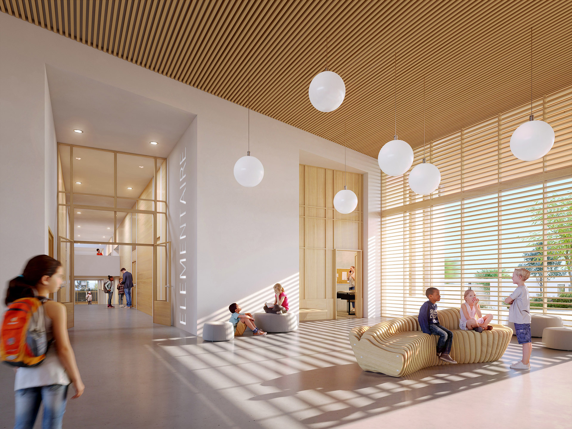 3D visualization of a modern school hall with children 