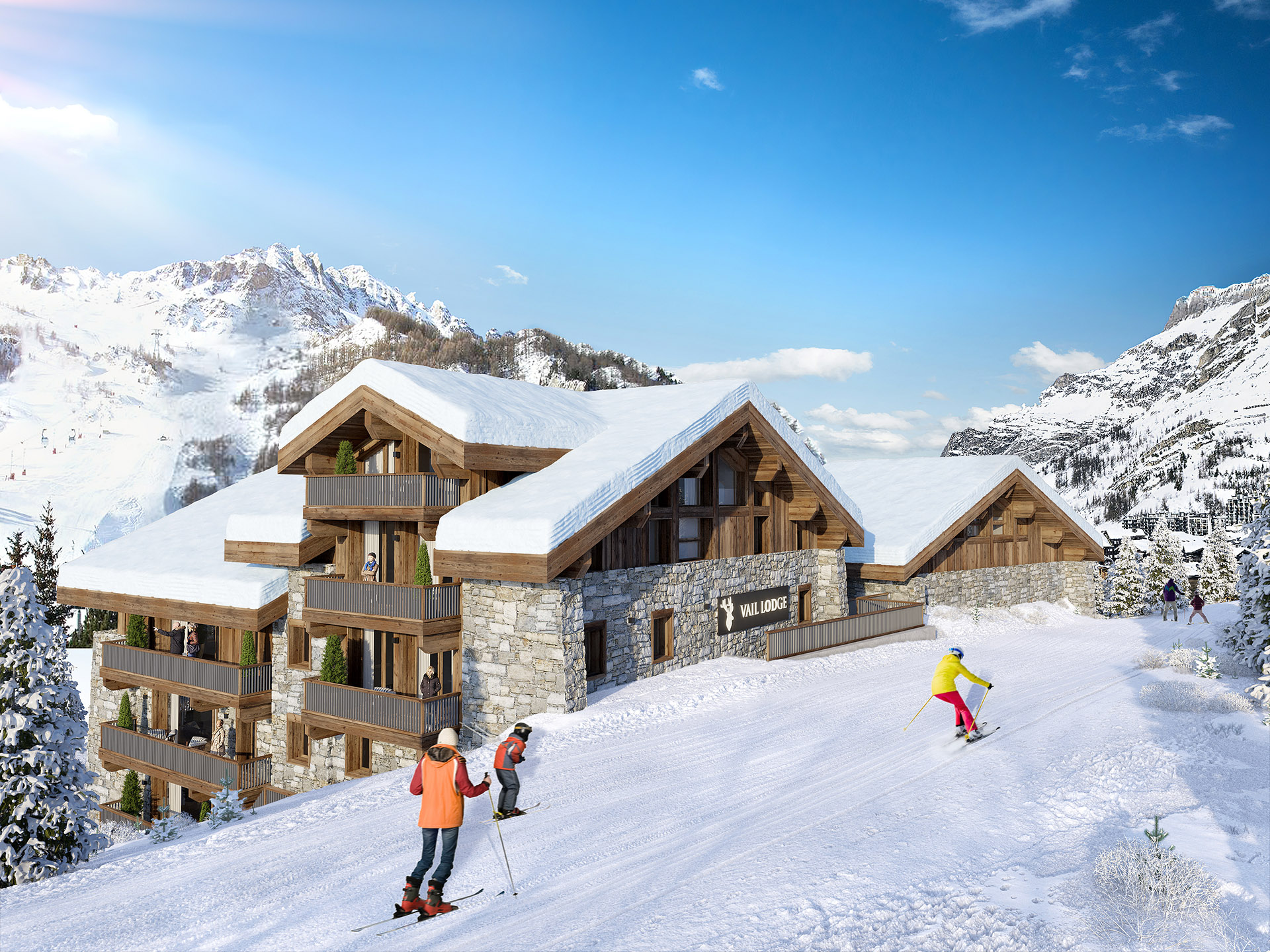 3D representation of a chalet integration in the mountain, next to the ski slopes