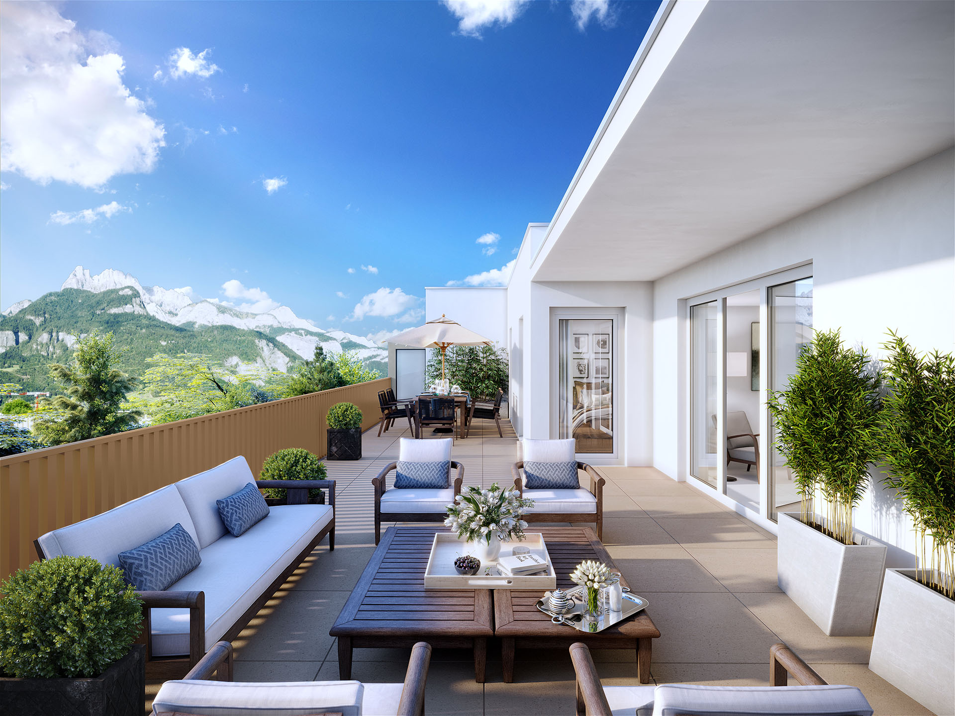 3D view of a modern terrace in the mountain