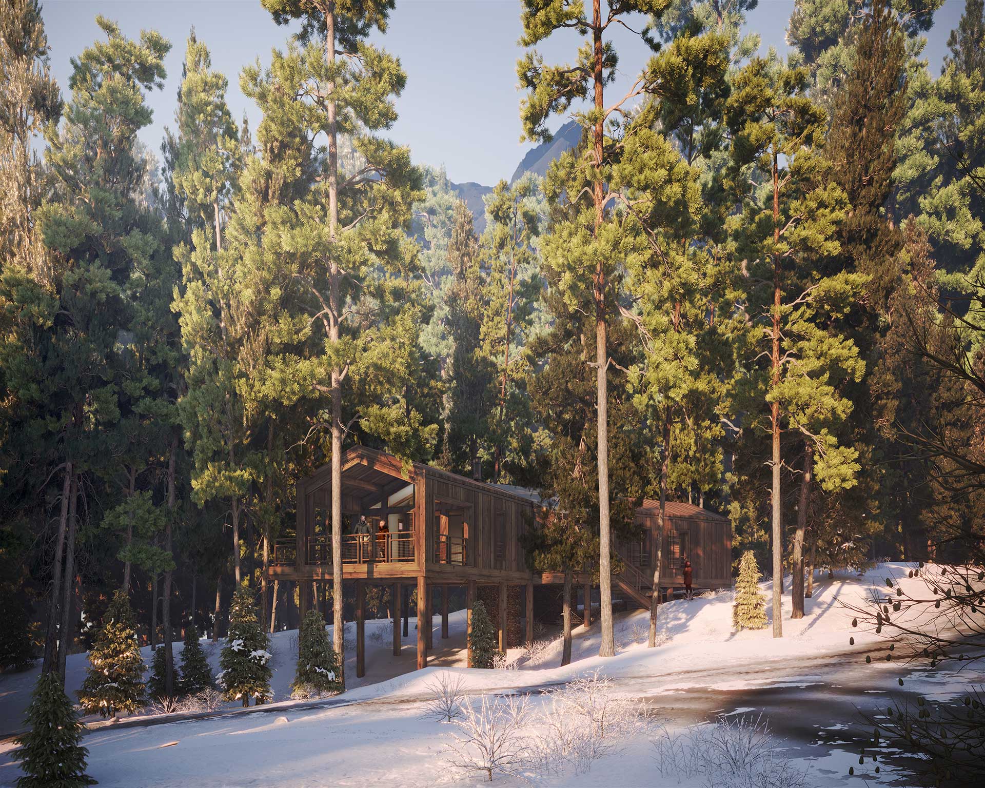 3D visualization of a cabin insertion in a forest landscape
