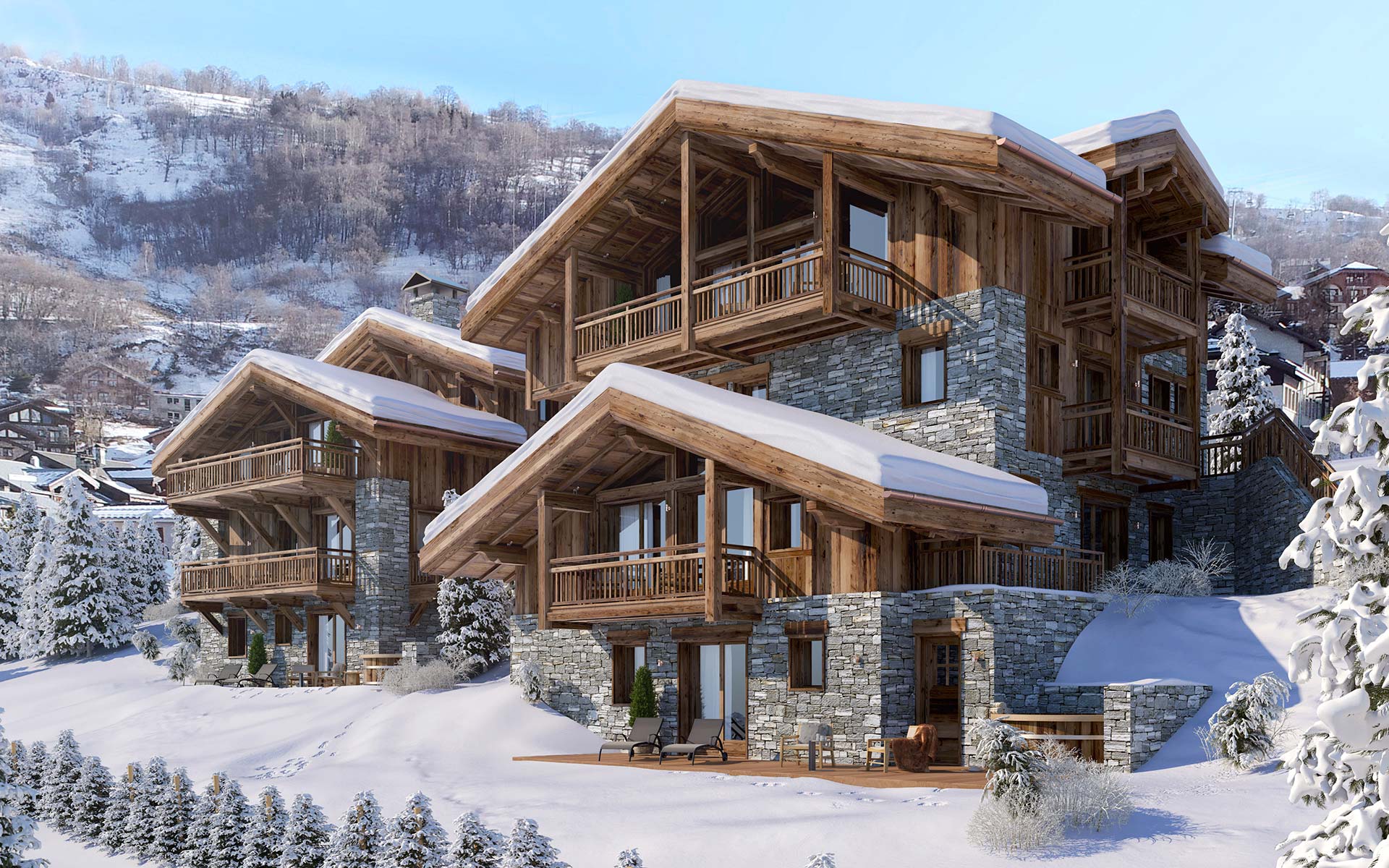 3D visualization of a chalet exterior in a snowy environment for a mountain project