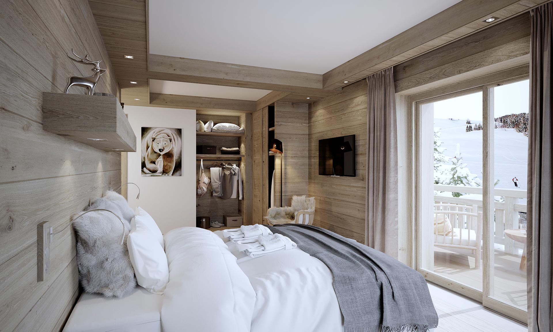 3D photo - Bedroom perspective for a luxury chalet project in Chamonix