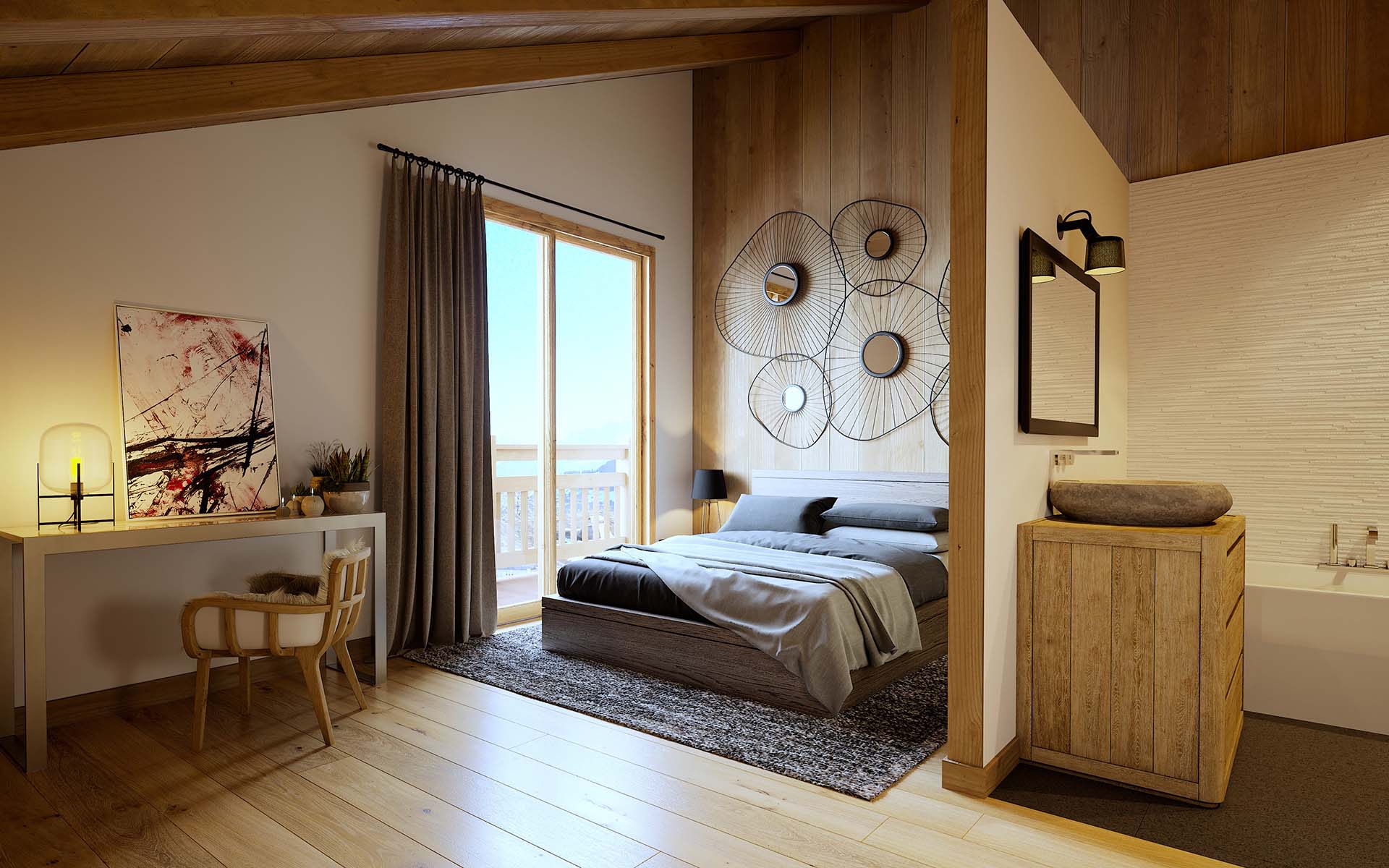 3D Image of a room of a luxurious chalet produced by professional 3D computer graphic designers agency. 